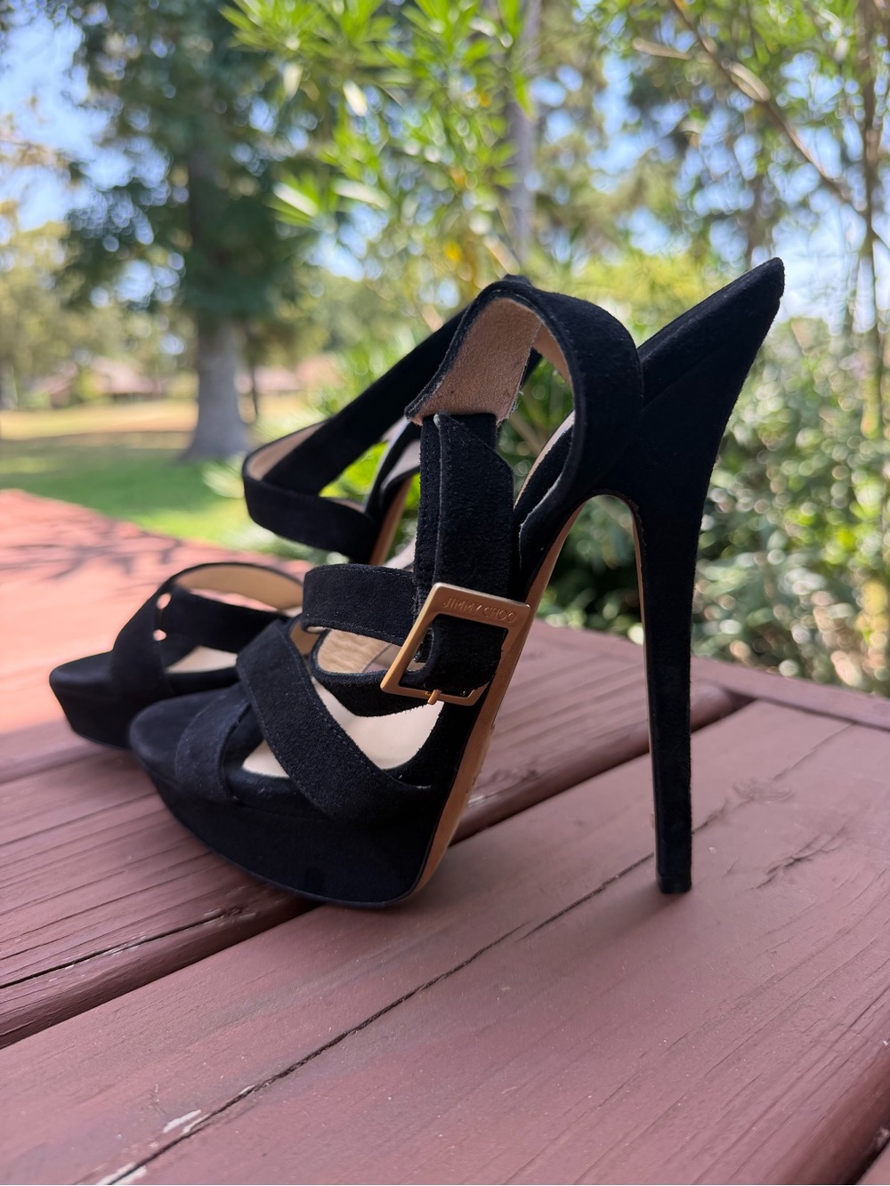 Jimmy Choo Louise Black Suede Platform Heels Size 38 US 7.5 - Picture 4 of 13